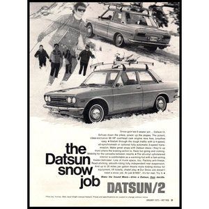 1970 Datsun/2 2 Door Coupe Vintage Print Ad Snow Job Ski Skiing Winter Wall Art